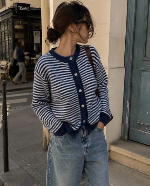 Elodie Striped Cardigan (1195-2099) - Navy- ca. 25 august levering