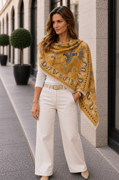 Paloma Scarf (F09-C) - Blue & Mustard Yellow